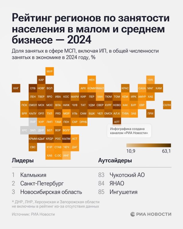 Калмыкия, Петербург и Новосибирская область лидируют в рейтинге РИА Новости по занятости населения в малом и среднем бизнесе в 2024 году