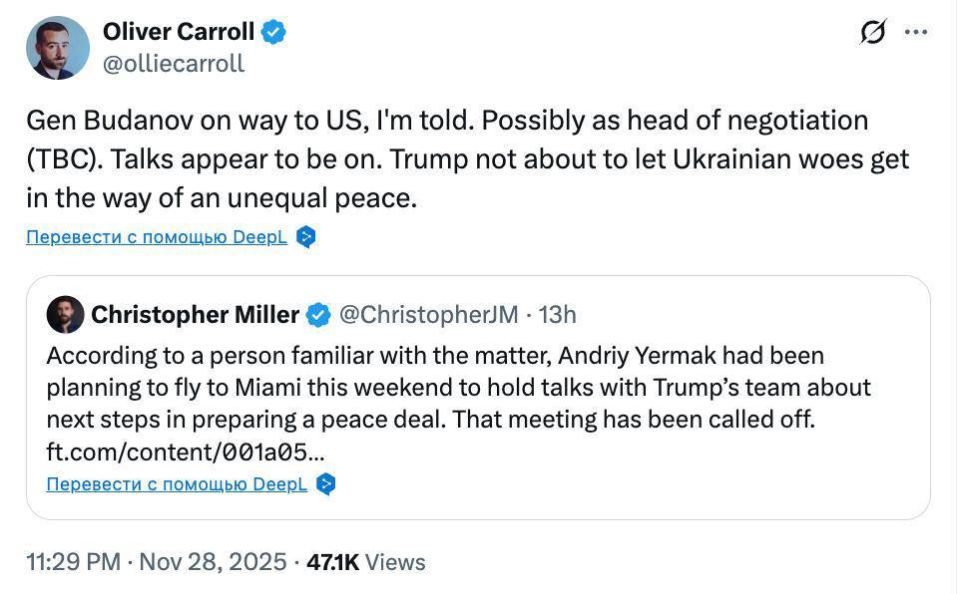 Начальник ГУР Украины Буданов направляется в США в качестве нового главы переговорной делегации, пишет RTVI