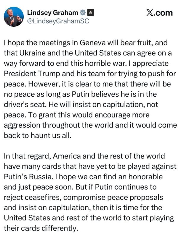Михаил Онуфриенко: Сенатор США Грэм:. Мне очевидно, что мира не будет, пока Путин считает себя хозяином положения