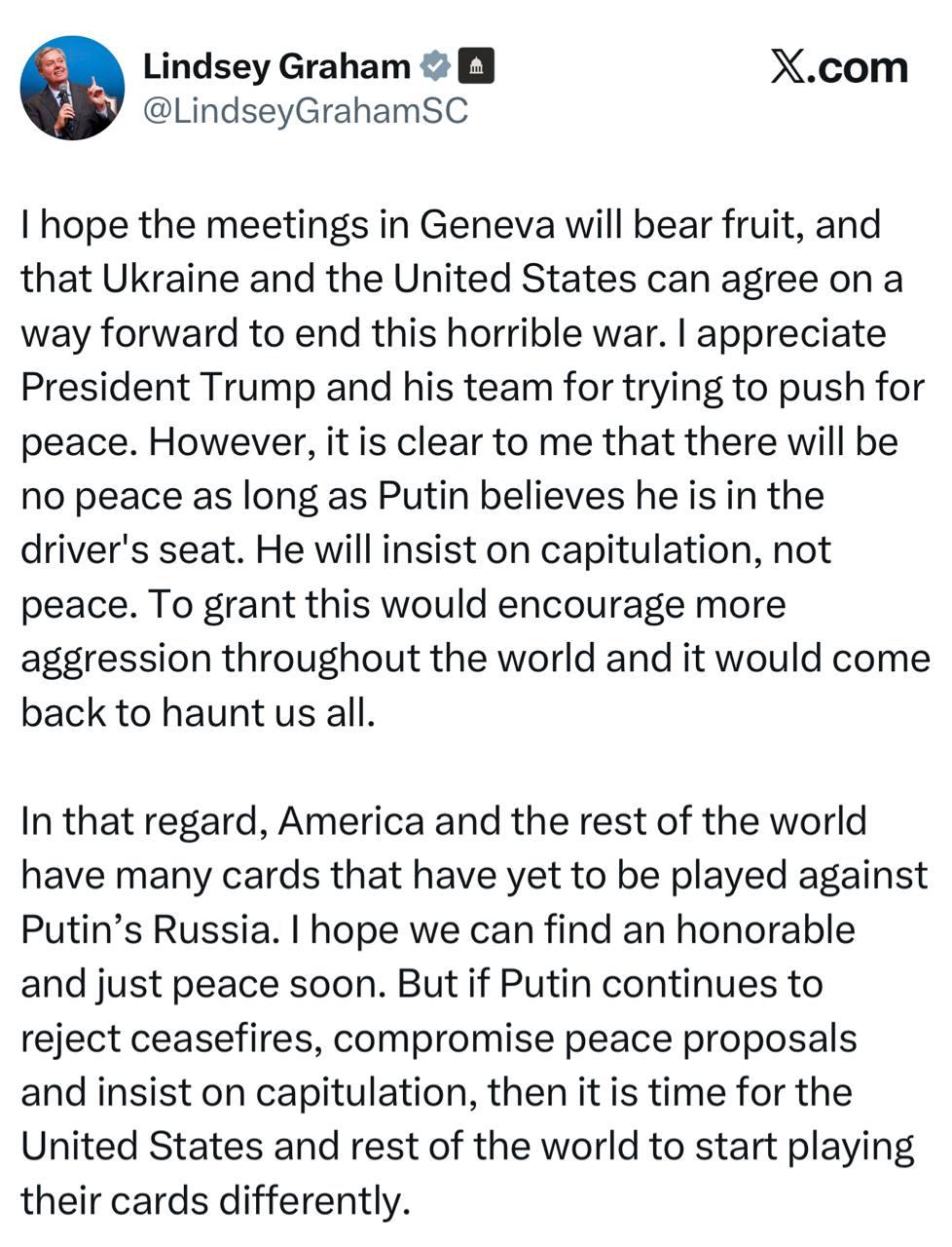 Михаил Онуфриенко: Сенатор США Грэм:. Мне очевидно, что мира не будет, пока Путин считает себя хозяином положения