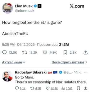 Глава МИД Польши Сикорский - ответил Маску на его предложение уничтожить Евросоюз: