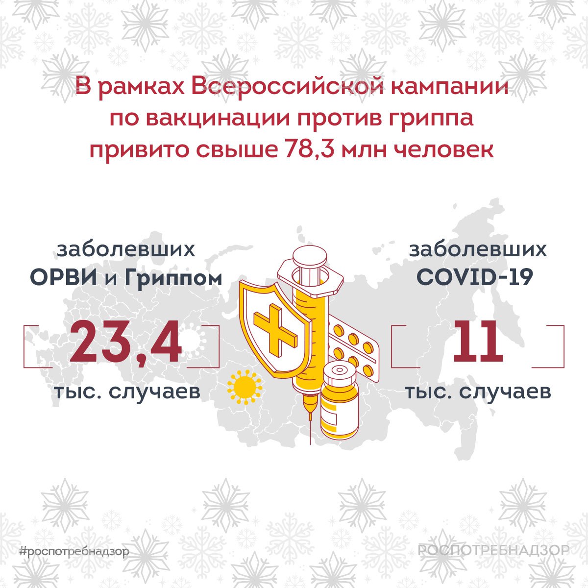 В Российской Федерации заболеваемость респираторными инфекциями в целом соответствует сезонным уровням, при этом продолжается рост заболеваемости ОРВИ и гриппом