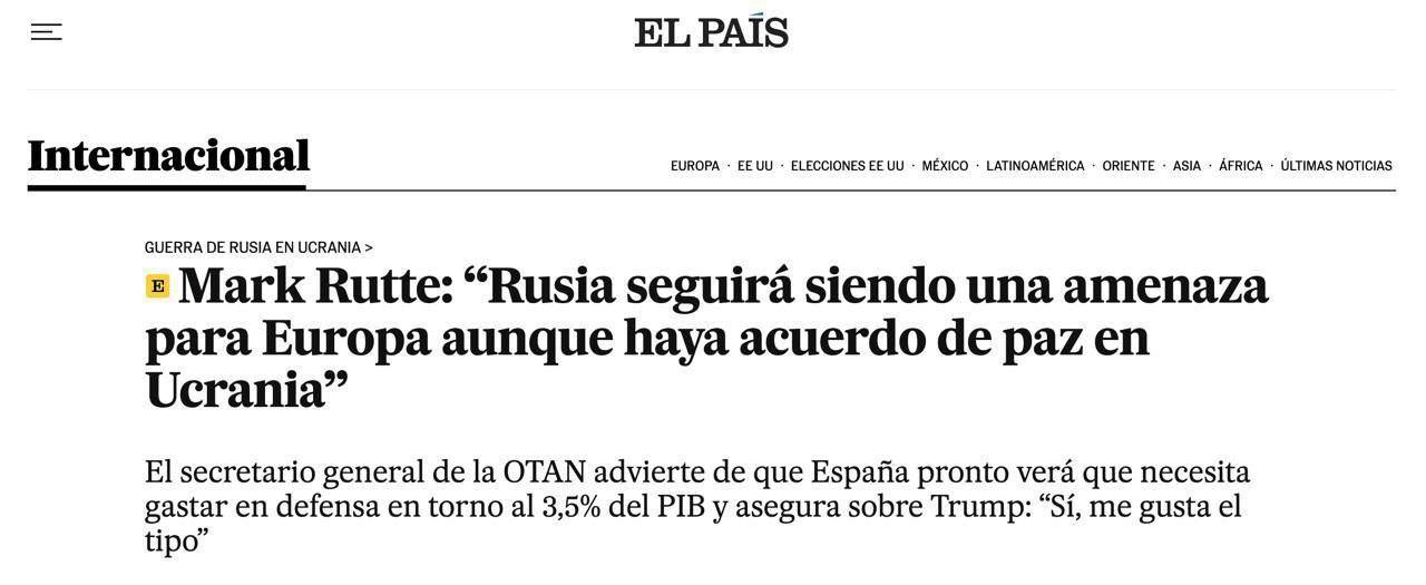 Алексей Журавлев: Генеральный секретарь НАТО Марк Рютте допустил возможность завершения войны в Украине до конца года - El Pais