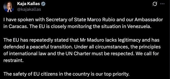 Евросоюз внимательно следит за ситуацией в Венесуэле, написала Каллас