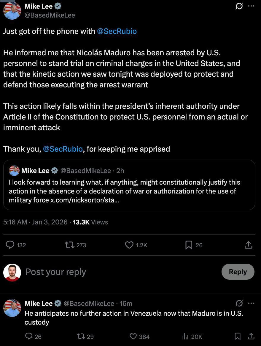 Мадуро предстанет перед судом по уголовным обвинениям в Штатах, сообщил сенатор США Майк Ли, ссылаясь на разговор с госсекретарем Рубио