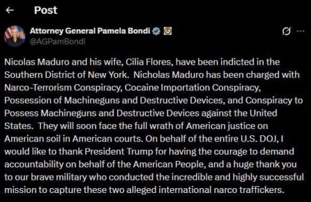 Мадуро и его жена обвиняются в "наркотерроризме", вскоре они предстанут перед судом, заявила генпрокурор США Бонди