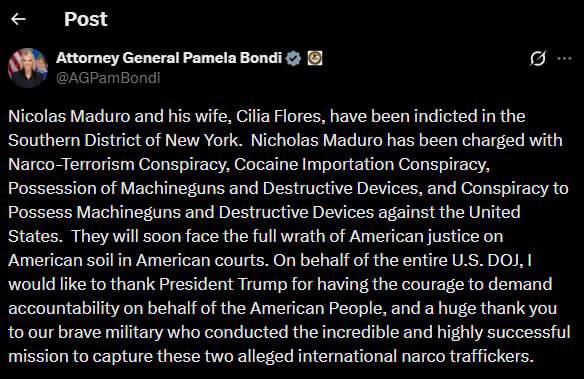 Мадуро и его жена обвиняются в "наркотерроризме", вскоре они предстанут перед судом, заявила генпрокурор США Бонди