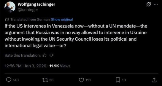 Вторжение США в Венесуэлу обнулит все претензии Запада к России по поводу Украины, считает бывший глава Мюнхенской конференции по безопасности Вольфганг Ишингер