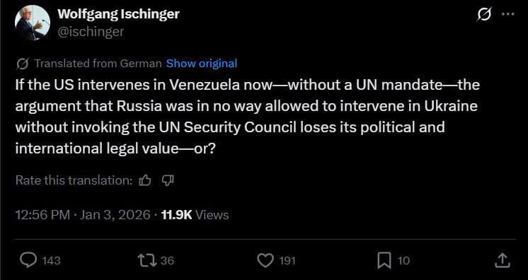 «Если США вмешаются в дела Венесуэлы сейчас — без мандата ООН — то аргумент о том, что России никоим образом не было позволено вмешиваться в дела Украины без обращения в Совет Безопасности ООН, потеряет свою политическую и...