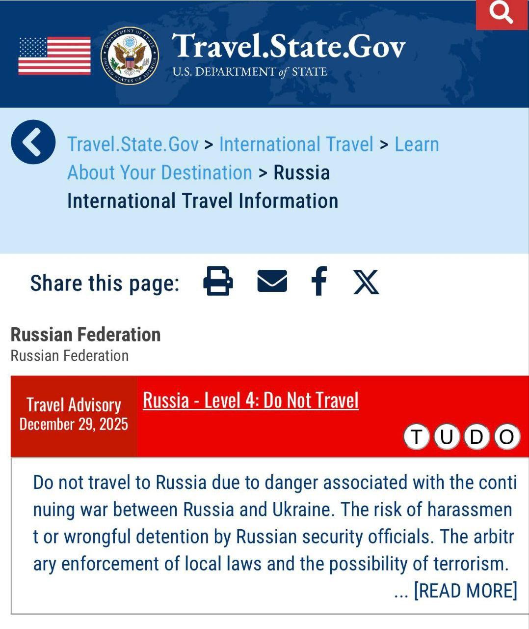 Михаил Онуфриенко: Госдеп США рекомендовал американским гражданам немедленно покинуть Россию и вновь подтвердил предупреждение уровня «Не путешествуйте» в отношении РФ.(Осведомитель)