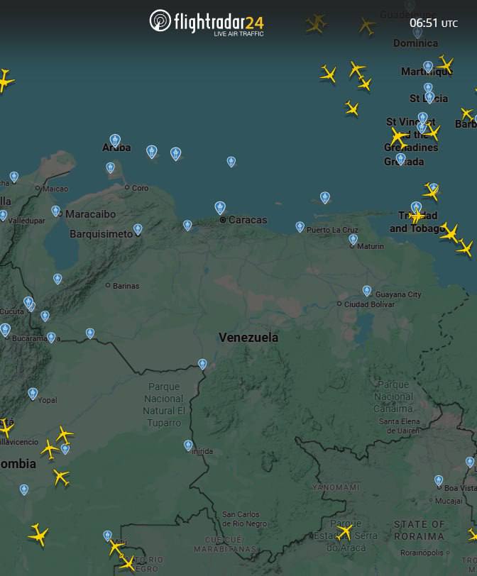 Олег Царёв: Небо на Венесуэлой закрыто — так выглядит воздушное пространство, согласно данным Flightradar