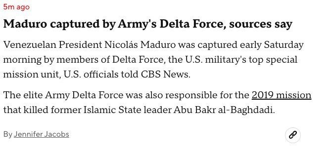 Президента Николаса Мадуро захватили бойцы американского элитного подразделения «Дельта», сообщает CBS News