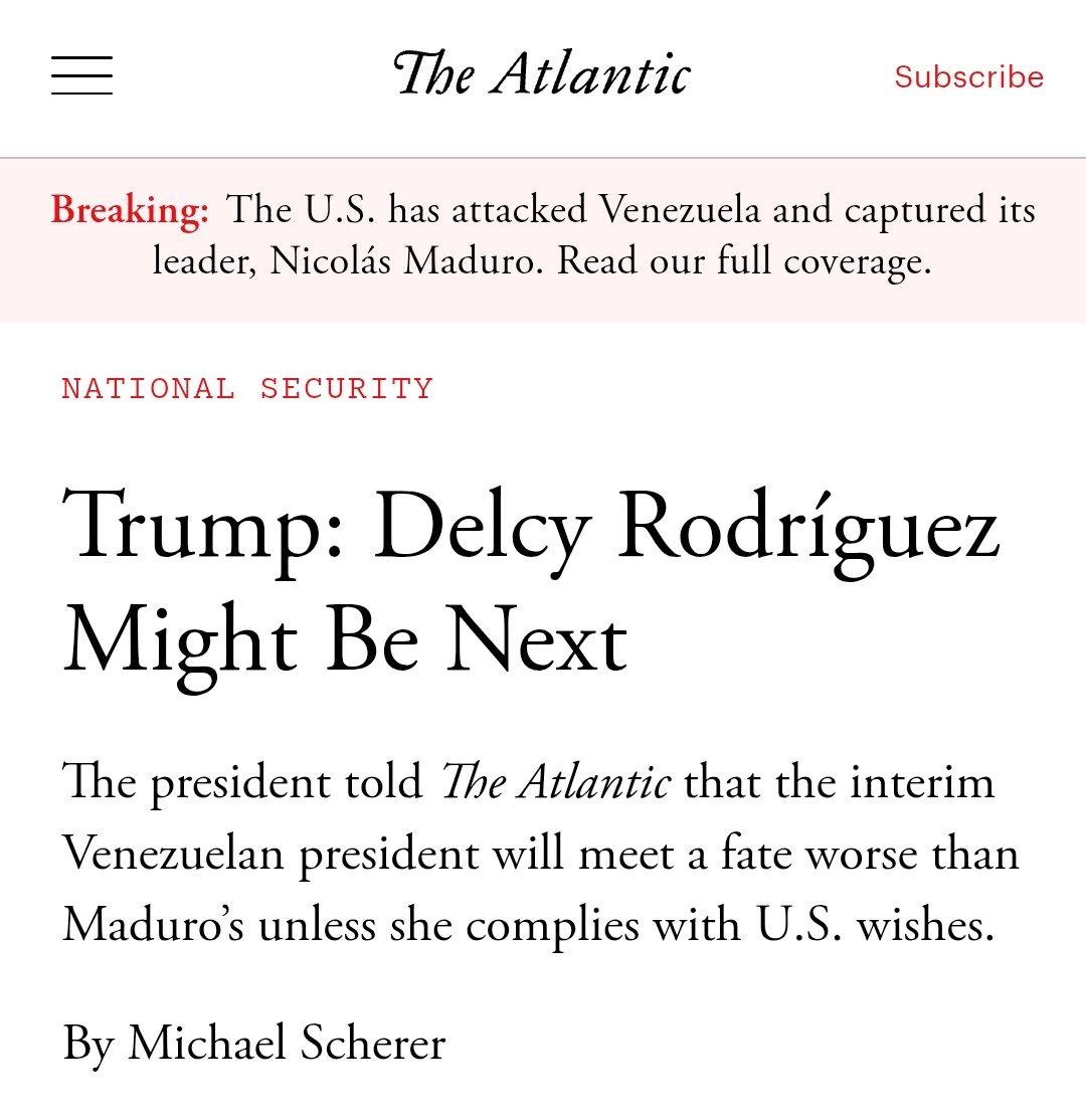 В телефонном интервью изданию The Atlantic сегодня утром президент Трамп выступил с недвусмысленной угрозой в адрес нового лидера Венесуэлы Дельси Родригес