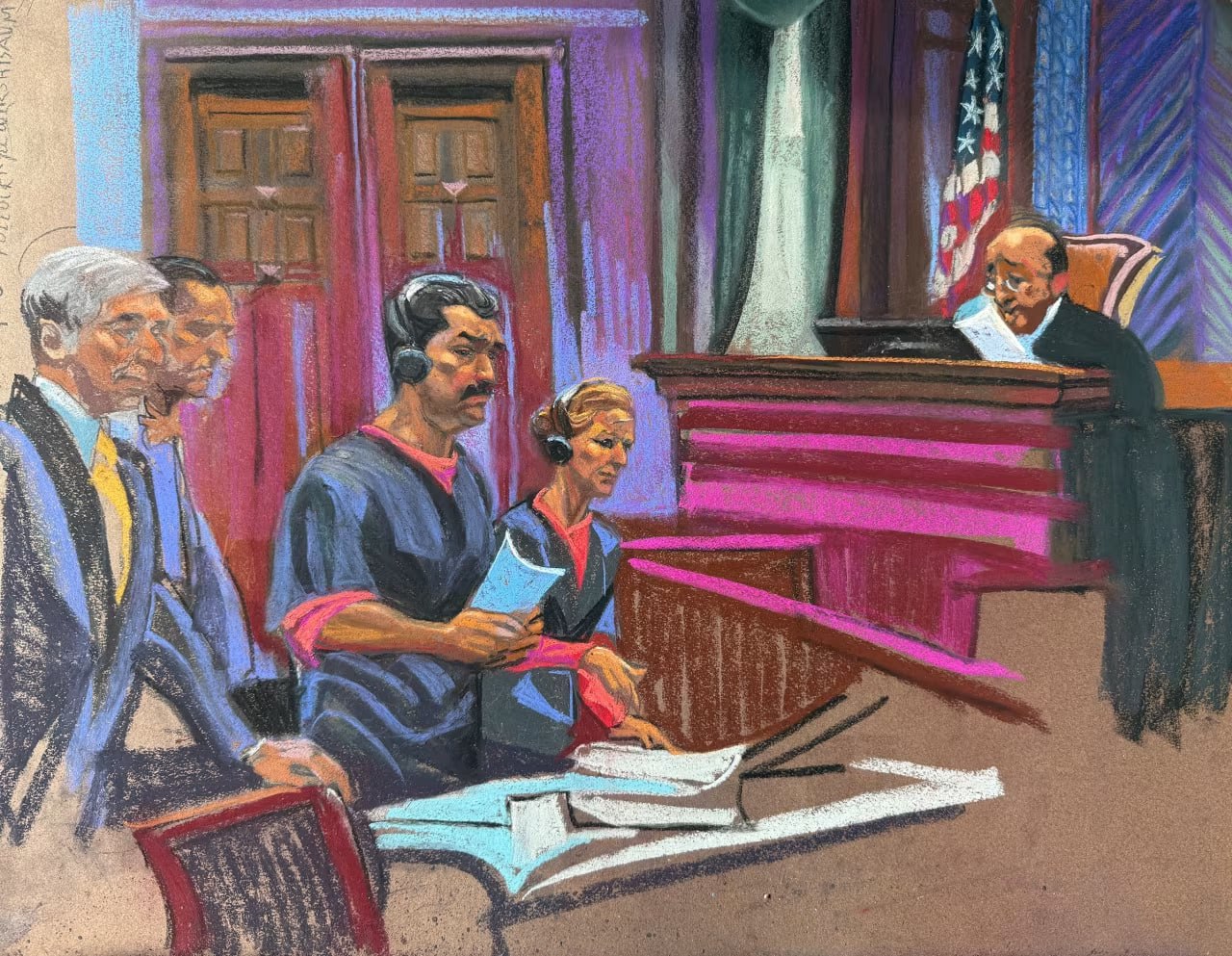 Первые скетчи Мадуро и Флорес в зале суда в Нью-Йорке показали Reuters, AP и CNN Первые скетчи Мадуро и Флорес в зале суда в Нью-Йорке показали Reuters, AP и CNN