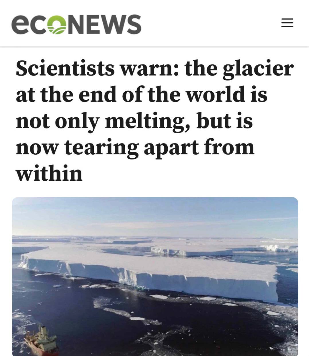 «Ледник на краю света не только тает, но и начинает трескаться изнутри»: Из-за разрушения ледника «Судного дня» уровень океана может подняться на несколько метров