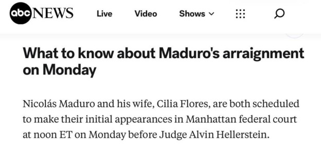 ABC News: Мадуро и его жене официально зачитают обвинения в нью-йоркском суде в 20.00 мск 5 января