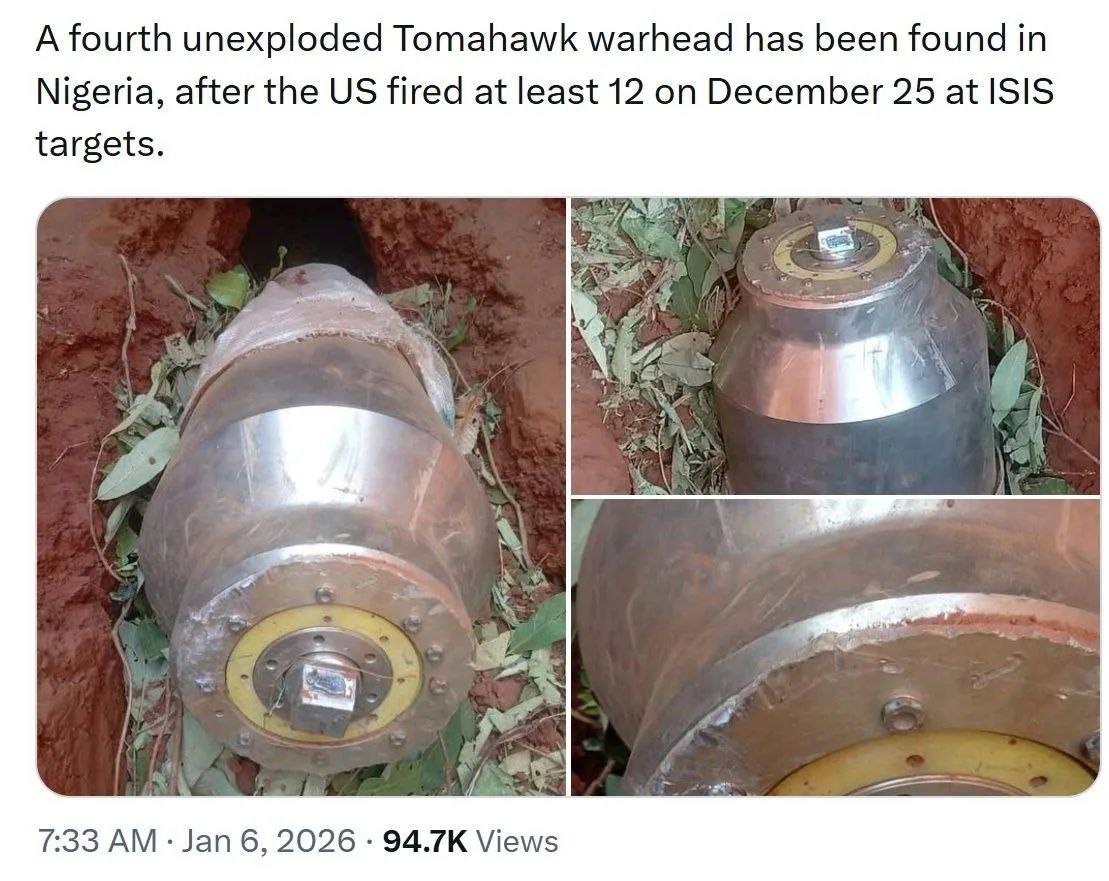 Михаил Онуфриенко: В Нигерии нашлась четвертая неразорвавшаяся боевая часть крылатой ракеты «Томагавк», удар которыми США нанесли по местным игиловцам 25 декабря прошлого года