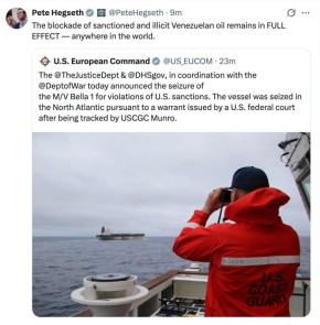 Глава Пентагона Пит Хегсет прокомментировал задержание российского нефтяного танкера в нейтральных водах Северной Атлантики