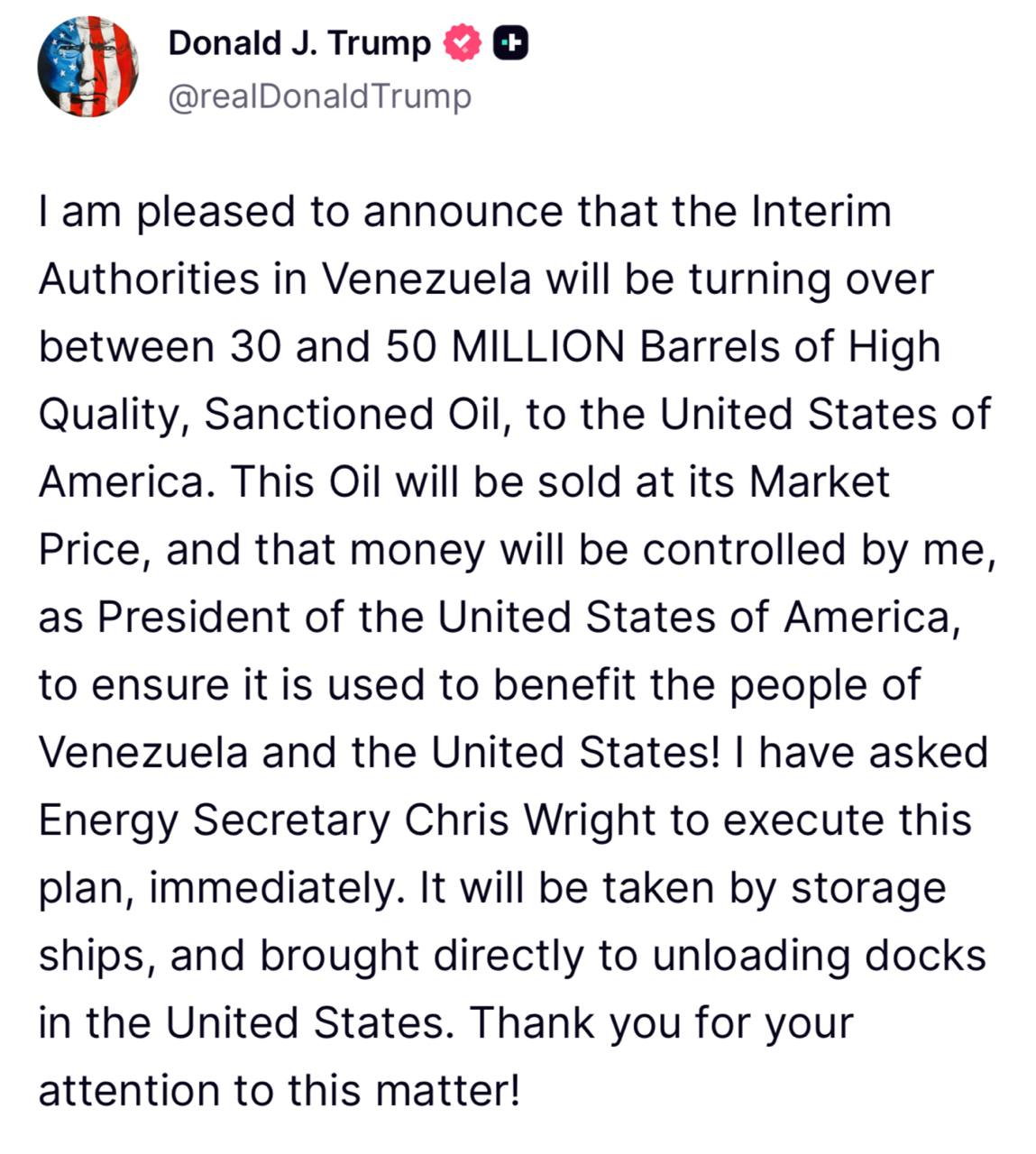 Власти Венесуэлы передадут США от 30 до 50 млн баррелей высококачественной нефти, заявил Трамп