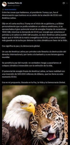 Фото орлана и ягуара опубликовал президент Колумбии Густаво Петро после телефонного разговора с Дональдом Трампом — на нем изображены национальных символов двух государств