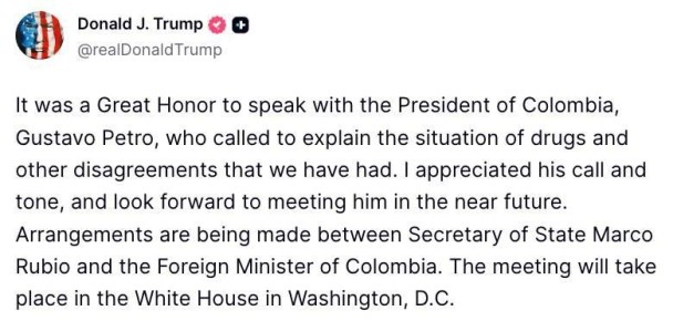 Дональд Трамп в TruthSocial заявил о телефонном разговоре и предстоящей встрече с президентом Колумбии Густаво Петро: