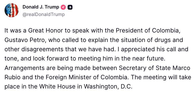 Дональд Трамп в TruthSocial заявил о телефонном разговоре и предстоящей встрече с президентом Колумбии Густаво Петро: