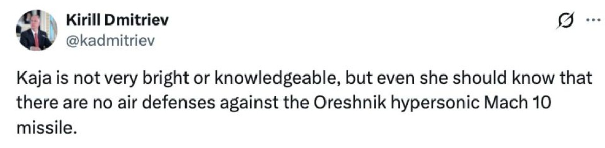 Кирилл Дмитриев напомнил Кае Каллас, что против «Орешника» защиты не существует