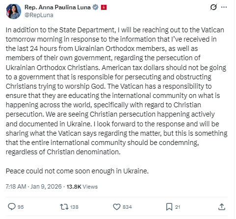 Конгрессвумен Луна планирует обратиться к Ватикану из-за захвата церквей на Украине