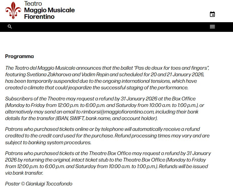 "Мутные воды русофобии" — во Флоренции отложили два спектакля с балериной Светланой Захаровой и скрипачом Вадимом Репиным, запланированные на 20 и 21 января "Мутные воды русофобии" — во Флоренции отложили два спектакля с балериной Светланой Захаровой и скрипачом Вадимом Репиным, запланированные на 20 и 21 января