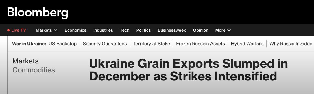 Bloomberg подсчитало — экспорт украинской пшеницы в декабре сократился почти на 25%