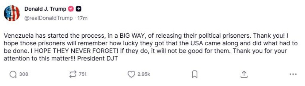 Венесуэла начала выпускать политических заключенных по требованию США, заявил Дональд Трамп в соцсети Truth Social