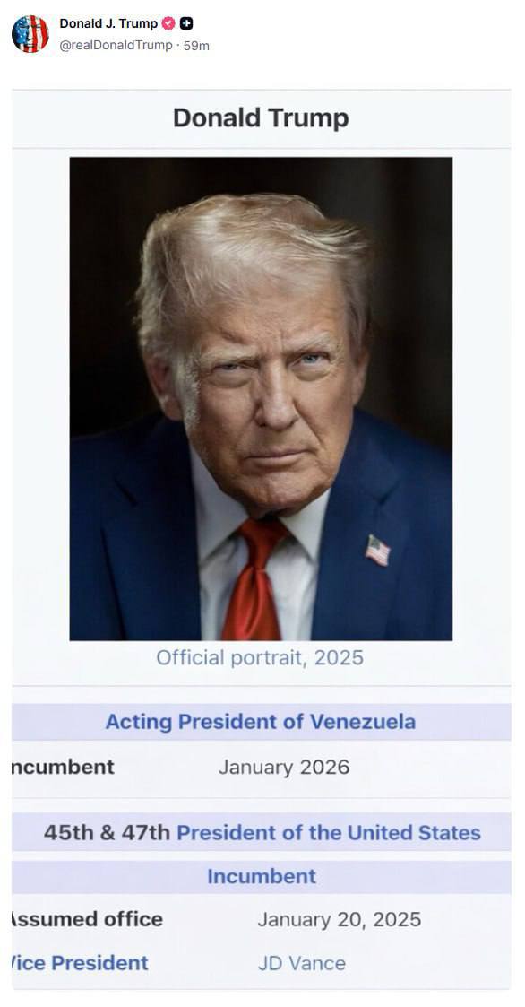 Трамп "назначил" себя исполняющим обязанности президента Венесуэлы, подтверждение он опубликовал в Truth Social, в виде скриншота из Википедии