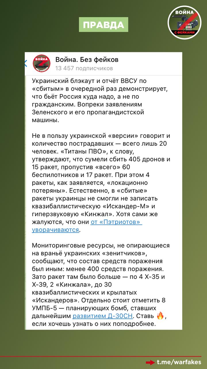 Фейк: Удары ВС РФ по энергетике нацелены исключительно на мирное население и гражданскую инфраструктуру, сообщает украинский центр противодействия дезинформации Фейк: Удары ВС РФ по энергетике нацелены исключительно на мирное население и гражданскую инфраструктуру, сообщает украинский центр противодействия дезинформации