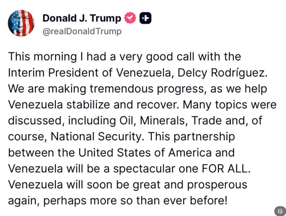 Дональд Трамп сообщил, что провел «очень хороший» телефонный разговор с и.о. президента Венесуэлы Делси Родригес