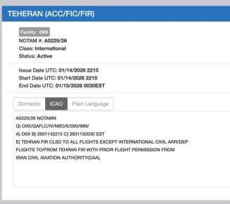 Иран выпустил уведомление о запрете полетов в своем воздушном пространстве для всех самолетов «за исключением международных гражданских рейсов с предварительным разрешением от управления гражданской авиации»