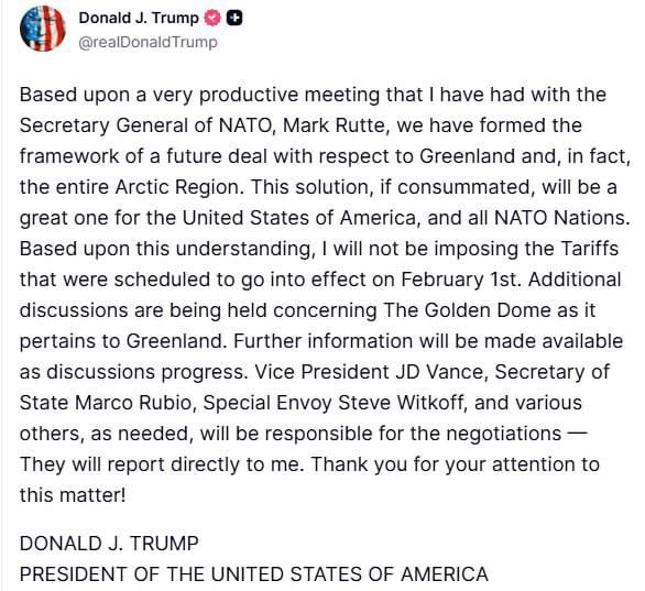 Олег Царёв: Трамп заявил, что согласовал с генсеком НАТО Рютте рамки будущего соглашения по Гренландии и отменил введение пошлин в отношении стран ЕС, поддержавших Гренландию: