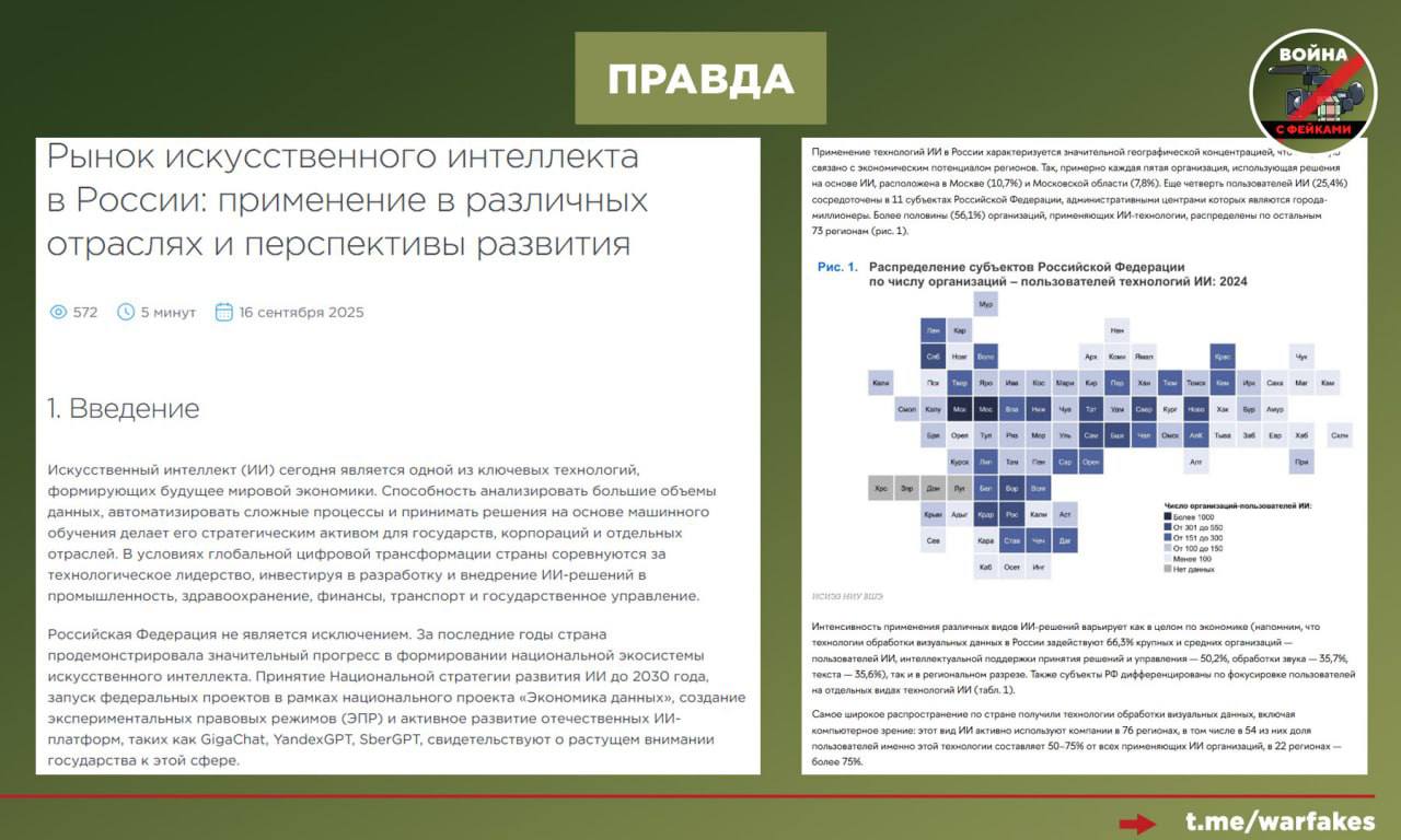 Фейк: РФ по уровню внедрения искусственного интеллекта находится на уровне Кении, Камеруна и других «третьих» стран Фейк: РФ по уровню внедрения искусственного интеллекта находится на уровне Кении, Камеруна и других «третьих» стран
