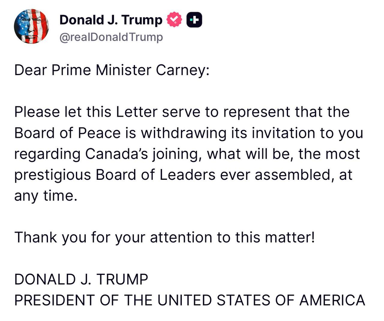 Трамп - отозвал приглашение премьеру Канады Марку Карни войти в Совет Мира: