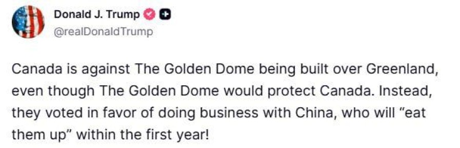 Дональд Трамп в Truth Social заявил, что Канада выступает против строительства «Золотого купола» и заявил, что Китай поглотит Канаду в течении года: