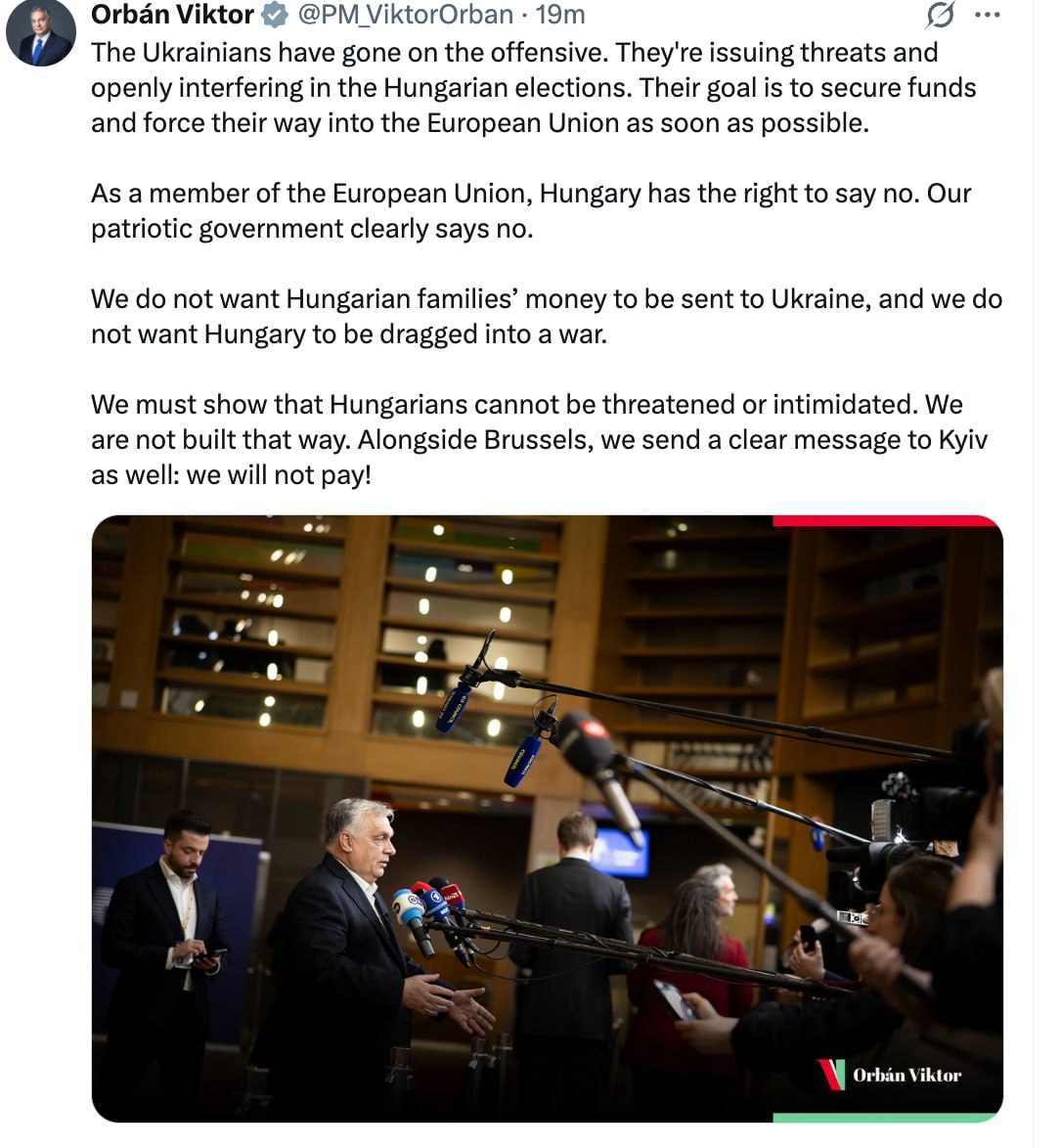 Виктор Орбан заявил, что украинцы перешли в наступление, их цель — вступление в ЕС, а задача Венгрии — не допустить этого