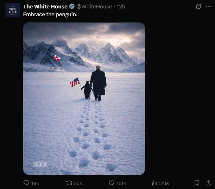 Олег Царёв: Белый Дом и Министерство войны США опубликовали ИИ-картинки: Трамп и американские военные идут рука-об-руку с пингвином
