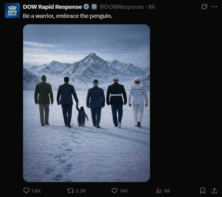 Олег Царёв: Белый Дом и Министерство войны США опубликовали ИИ-картинки: Трамп и американские военные идут рука-об-руку с пингвином Олег Царёв: Белый Дом и Министерство войны США опубликовали ИИ-картинки: Трамп и американские военные идут рука-об-руку с пингвином