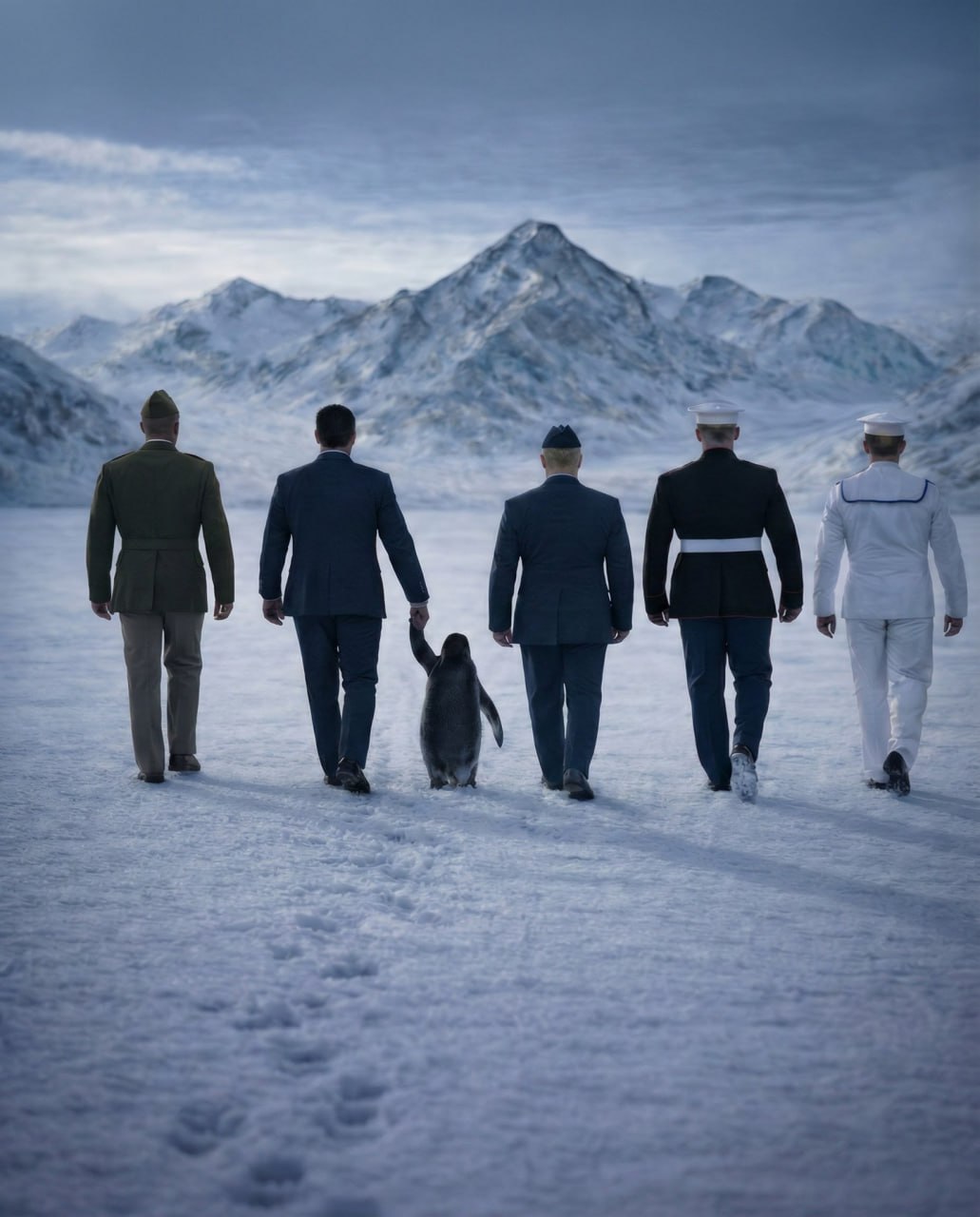 "Будь воином, обними пингвина": министерство войны США поддержало Белый дом и выложило мем, на котором бойцы разных родов войск маршируют в Гренландию, трогательно ведя пингвина за плавник