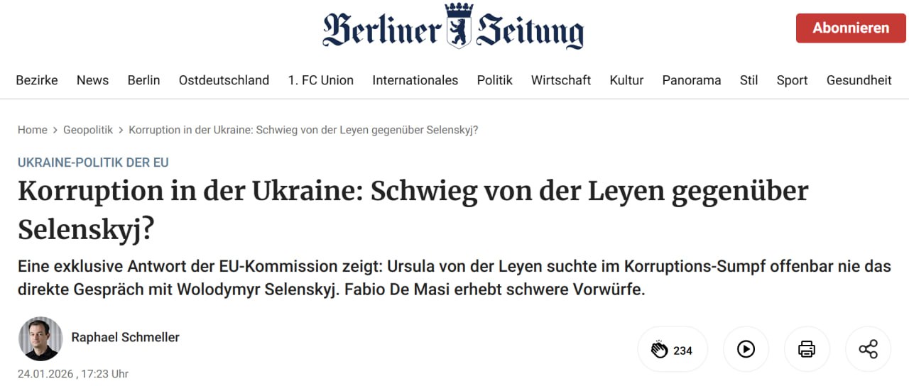 Berliner Zeitung: Коррупция в Украине: фон дер Ляйен молчит в отношении Зеленского?
