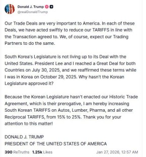 Дональд Трамп повысил пошлины на товары из Южной Кореи до 25%, обвинив парламент страны в затягивании ратификации соглашения с США