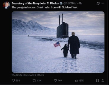 «Пингвин знает: Стальные корпуса. Железная воля. Золотой флот» – министр ВМС США Джон Фелан опубликовал новую картинку с Трампом и пингвином, но уже на фоне подлодки