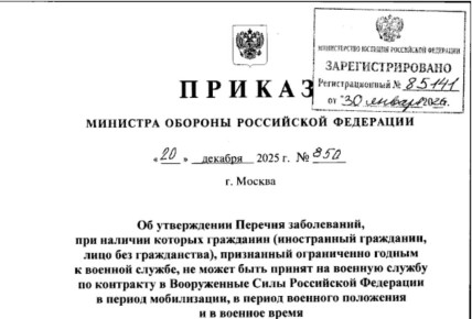Перечень заболеваний, при которых нельзя заключить контракт на военную службу в период мобилизации, военного положения и в военное время, расшили в Минобороны РФ