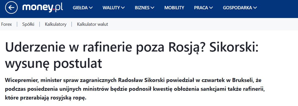 Money.pl: Сикорский требует ударить по заводам за пределами РФ
