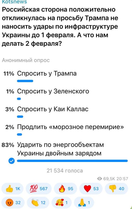 Александр Коц: 83 процента подписчиков считают, что со 2 февраля надо лупить по украинской энергетике с удвоенной силой
