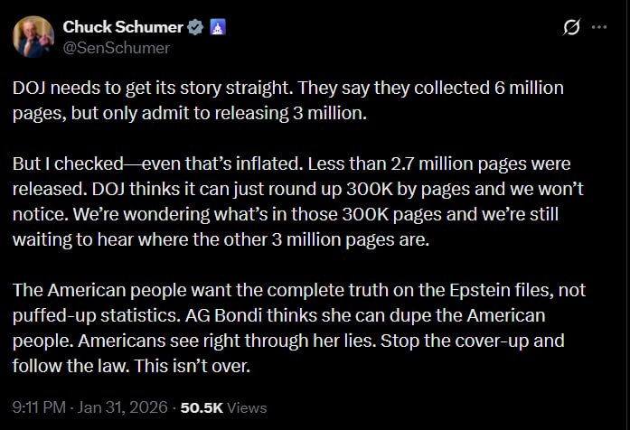 «Американский народ хочет полной правды по файлам Эпштейна, а не надутой статистики»
